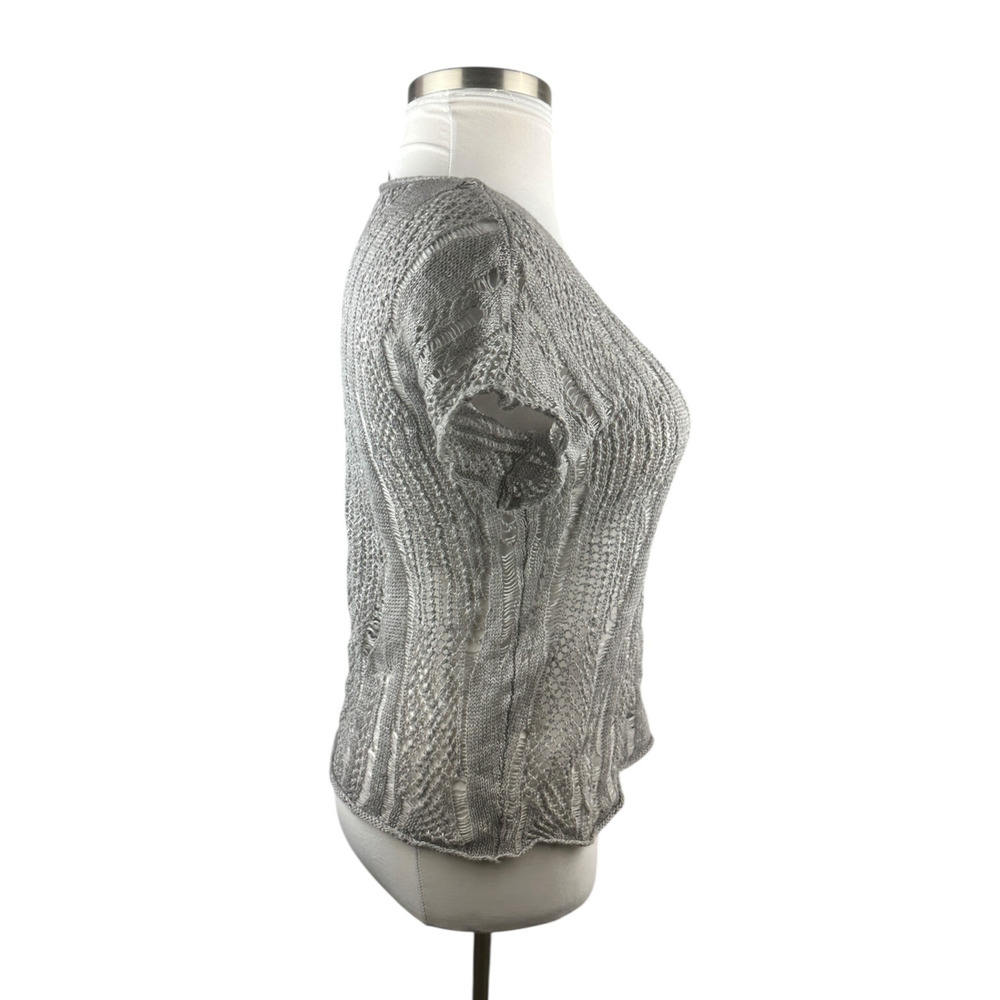 Eileen Fisher Open Knit V-Neck Short Sleeve Sweater Linen Metallic PP Petite Top - Picture 14 of 16